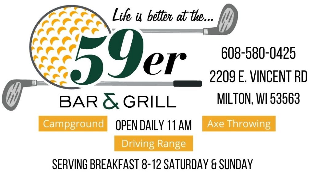 Graphic showing the 59er Bar and Grill offers breakfast on weekends, a driving range, and axe throwing